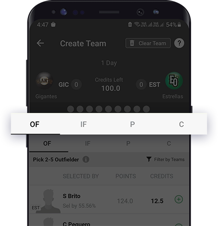 Select Teams for Baseball Contests on fantasy app