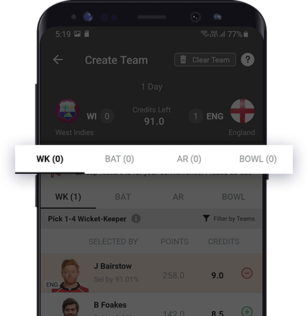 Select Teams for Cricket Contests on fantasy app